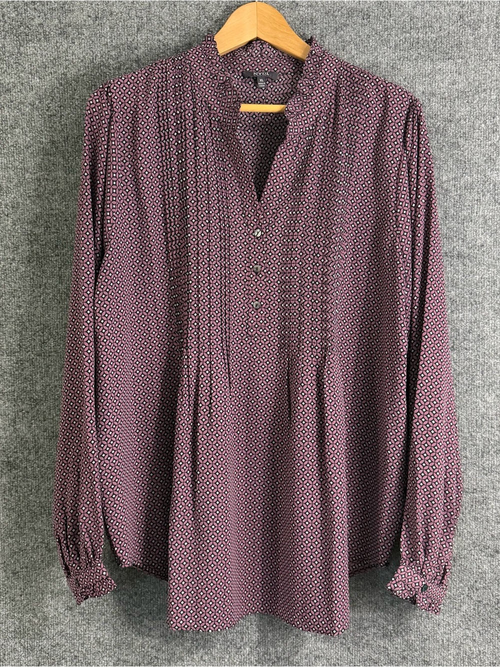 NYDJ Womens Long Sleeve Geometric Print Top Size XL Plum V Neck Office Career